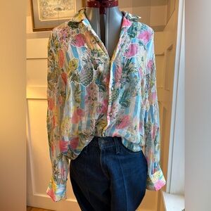 Vintage Rocco Sand Tropical Floral Sheer Button-Up Shirt Size Medium
